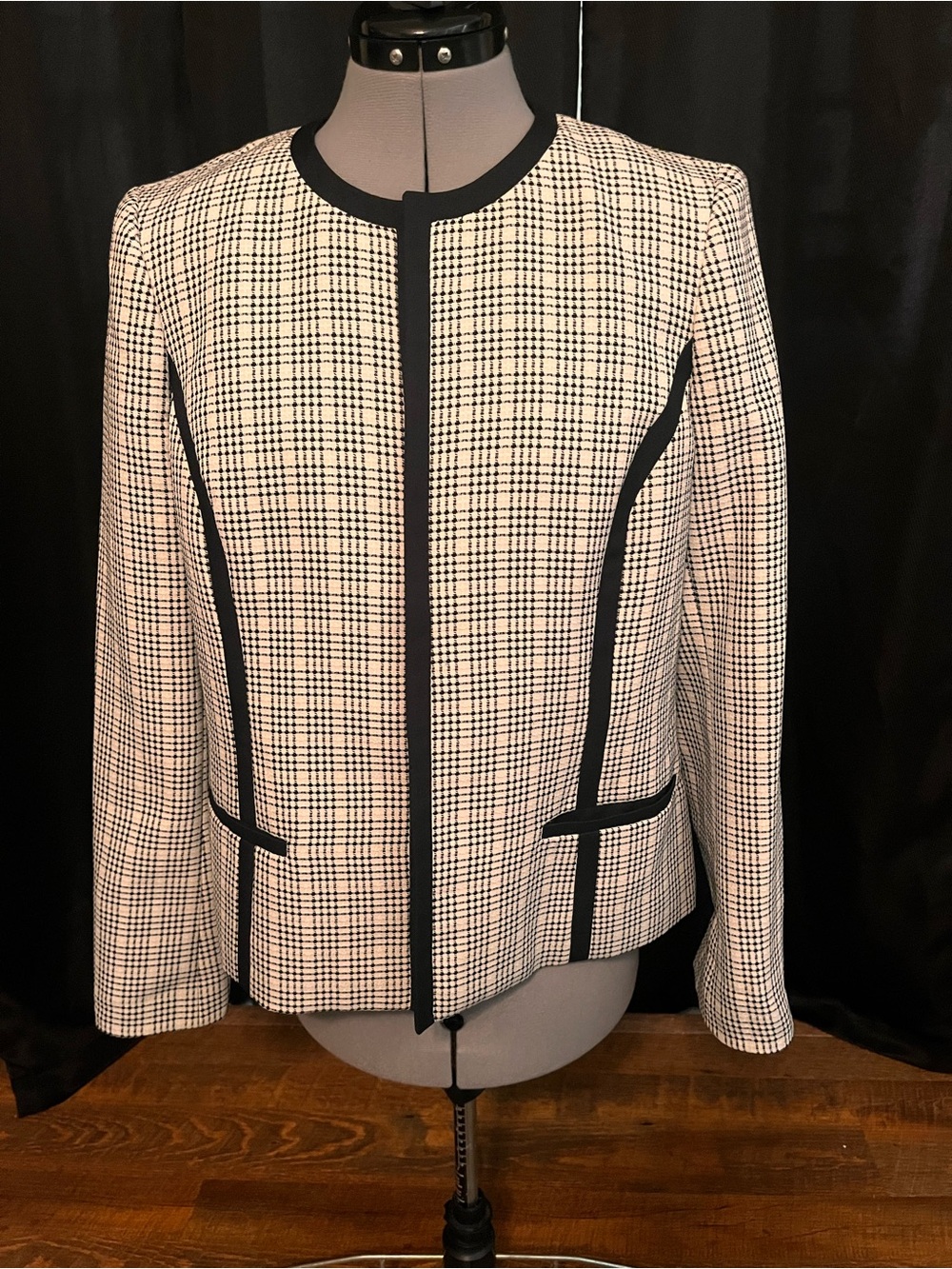 Cream and Black Tweed Collarless Blazer